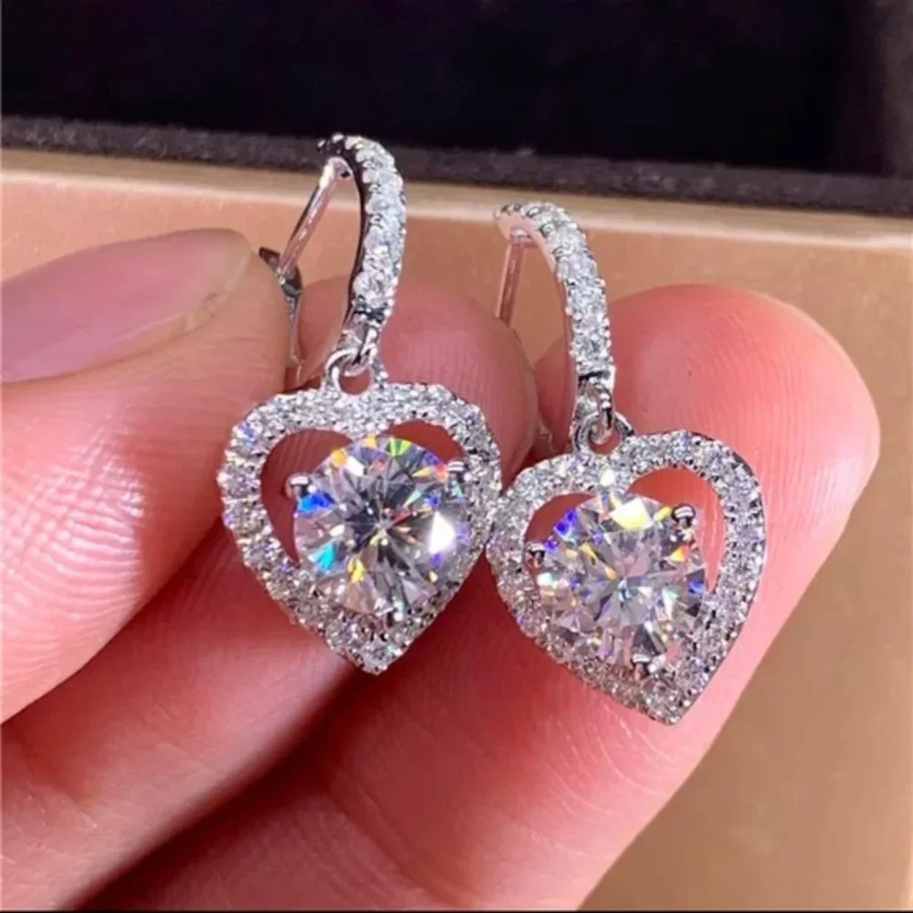 Luxury Heart Dangle Earrings for Wedding Romantic Women Brilliant Fancy Love - Picture 1 of 4